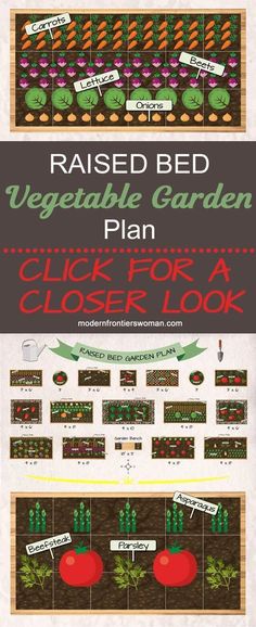 the raised bed vegetable garden plan is shown with instructions for how to plant and grow it