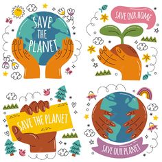 save the planet stickers with hands holding up a globe, trees and rainbows