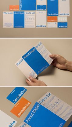 three different views of the inside of a brochure with blue, orange and white paper