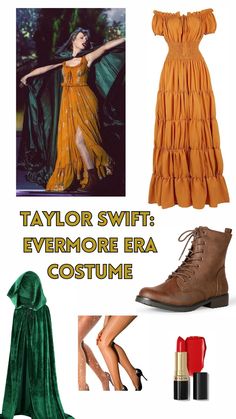 an image of a woman in a yellow dress and boots with text that reads taylor swift's evermore era costume