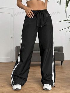 Free Returns ✓ Free Shipping✓. SHEIN EZwear Striped Side Drawstring Waist Pants- Women Pants at SHEIN. Black Striped Pants Outfit, Stripe Pants Outfit, Drawstring Waist Pants, Black Sweats, High Waist Wide Leg Pants, Wide Leg Sweatpants, Stylish Jeans, Women Pants, Simple Trendy Outfits