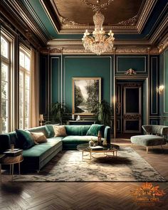 an elegant living room with green walls and wood flooring, chandelier above the couch