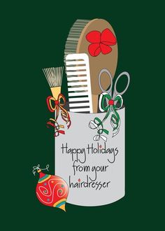 happy holidays to my favorite hairdresser greeting card with scissors, combs and baubles