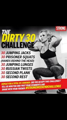 the dirty 30 challenge poster with a woman doing squats and holding her arms in the air