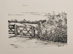 an ink drawing of a gate in front of a bush with leaves growing on it