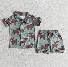 Highlander PJ set! In PJs we do recommend sizing up one size so your little isn't too snug and can be comfy for bed Fits true to size This item ships to you in 14 business days Boys Nightwear, Pajama Outfit, Girls Sleepwear, Summer Pajamas, Kids Boutique Clothing, Designer Kids Clothes, Boys Pajamas