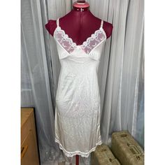 vintage knee length lace bust nightgown slip sz 32 beautiful white satin knee length slip with lace on the top half of the bust. Night Gown Vintage, Satin Night Gown, Beautiful Nightgown, Lace Slip Dress, Floral Knit, Empire Waist Dress, Vintage Maxi Dress, Lace Slip, White Satin