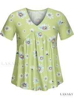 Lasaky - Womens Floral Print V Neck T-Shirt, Stylish Short Sleeve Casual Tee for Spring & Summer, Fashionable Clothing for Women Green Printed V-neck Top, Comfortable Fit Short Sleeve Summer Tops, Green V-neck Shirt With Graphic Print, Green Floral Print Short Sleeve Top, Green Short Sleeve Top For Spring With Relaxed Fit, Green Short Sleeve Top Relaxed Fit For Spring, Green Relaxed Fit Short Sleeve Top For Spring, Green Floral Print Tops With Relaxed Fit, Casual Green Printed Tops