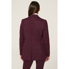 Red printed wool blend (32% Merino Wool, 23% Polyester, 22% Cotton, 19% Acetate, 2% Nylon, 2% Spandex). Blazer. Long sleeves. Collar. Pull on. 7.5" from shoulder to hemline. Imported. Chic Fitted Printed Outerwear, Printed Blazer For Workwear In Fall, Chic Fitted Printed Blazer, Fitted Printed Outerwear For Fall, Fitted Notch Lapel Printed Blazer, Fitted Notch Lapel Blazer With Print, Fitted Notch Lapel Blazer With Printed Details, Fitted Jacquard Knit Outerwear For Work, Fitted Floral Print Winter Blazer