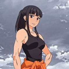 an anime character with long black hair and no shirt standing in front of cloudy sky