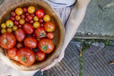 a person holding a bowl full of tomatoes