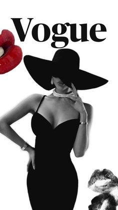 a woman in a black dress and hat with her hands on her hips while wearing a red lipstick