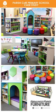 the children's playroom has colorful furniture and bookshelves in different colors