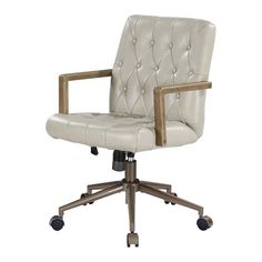 a white leather office chair with wheels on an isolated white background, viewed from the front