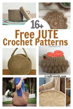 crochet purses and handbags with the title text overlay that reads 16 free jute crochet patterns