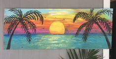 a painting of palm trees in front of the ocean at sunset with birds flying by