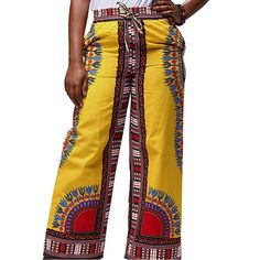 High Rise Leg Style Wide Handmade: Handcrafted By Experienced Garment Workers, Made Of 100% African Wax Cotton, African Batiks Pants Ethnic Customs, Dashiki Pants, Party Pants, Print Clothing African Wax Cotton Is Not Stretched, Waste 29 To 31 Inches Hips 36 Inches Length 39 Inches Yellow Wide Leg Pants With Elastic Waistband, Non-stretch Yellow Cotton Pants, Yellow Bohemian Bottoms For Summer, Bohemian Yellow Bottoms For Summer, Yellow Wide-leg Harem Pants With Elastic Waistband, Yellow Bohemian Bottoms For Vacation, Traditional Multicolor Pants For Spring, Yellow Cotton Bohemian Pants, Yellow Elastic Waistband Harem Pants