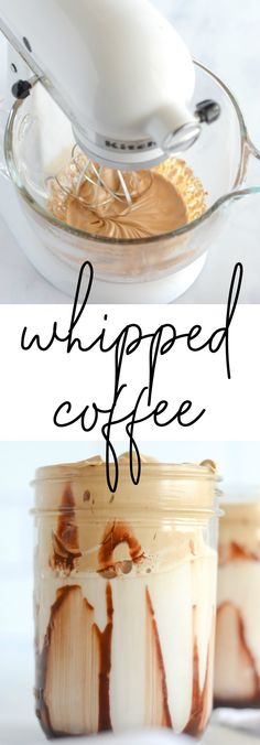 two jars filled with whipped coffee sitting on top of a table