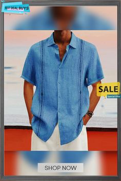 Men's Linen Shirt Summer Shirt Beach Shirt Turndown Summer Short Sleeve White Pink Blue Graphic Prints Casual Daily Clothing Apparel Print Relaxed Fit Light Blue Shirt For Beach, Light Blue Shirt With Pockets For Summer, Light Blue Summer Shirt With Pockets, Casual Light Blue Top With Casual Collar, Casual Light Blue Top With Collar, Blue Short Sleeve Shirt With Casual Collar For Spring, Light Blue Casual Collar Top For Summer, Casual Short Sleeve Shirt With Collar For Vacation, Casual Button-up Tops For Vacation