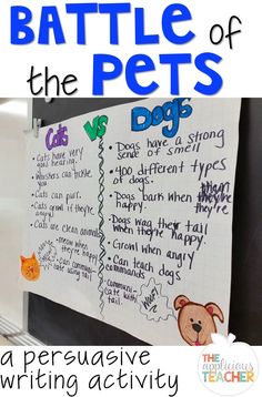 the battle of the pets poster is displayed on a bulletin board with writing and pictures