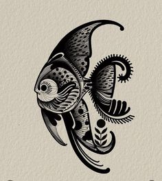 a black and white drawing of a fish with an intricate design on it's back