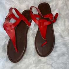 Never Worn Sandals. Size 11. Red T-strap Sandals With Round Toe For Summer, Red Flat Sandals With Buckle Closure, Red Sandals With Buckle Closure For Summer, Red Buckle Closure Sandals For Summer, Red Sandals With Buckle Closure For Spring, Red Casual T-strap Sandals For Spring, Casual Red T-strap Sandals For Spring, Red T-strap Sandals With Ankle Strap For Spring, Red Ankle Strap T-strap Sandals For Spring