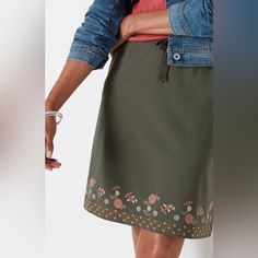 Our A-Line Knit Pull-On Skirt Has A Border Of Embroidered Flowers To Add A Lighthearted Touch To Your Casual Days. Made Of Cotton French Terry With Extra Stretch, It Has An Elasticized Drawstring Waist For All-Day Comfort. Angled Pockets Are Perfect For Holding Small Essentials. 95% Cotton And 5% Spandex Knit, Exclusive Of Decoration Machine Wash Cold With Like Colors, Gentle Cycle, Only Nonchlorine Bleach If Needed, Tumble Dry Low, Warm Iron If Needed R Medium 20" Center Back, R 2x 22" Center B Casual Embroidered Relaxed Skirt, Casual Embroidered Relaxed Fit Skirt, Casual Relaxed Embroidered Skirt, Casual Embroidered Fall Skirt, Casual Embroidered Denim Skirt, Casual Mini Skirt With Embroidered Hem, Casual Cotton Skirt With Embroidered Hem, Casual Skirt With Embroidered Hem, Casual Green Embroidered Skirt