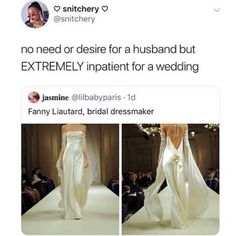 a tweet with an image of a woman in a white dress on the runway