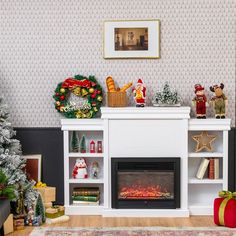 a living room decorated for christmas with presents and decorations on the fireplace mantels