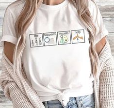 Life happens, visuals help PECs shirt. Perfect gift for BCBA, RBT, or Special Education Teacher. This is such a comfy, soft Tee with a loose fit, perfect to go with your favorite leggings. Check out more PECS shirts here.... https://www.etsy.com/shop/NotaTypicalTeacher?ref=simple-shop-header-name&listing_id=1210561520&section_id=37649440 SHIRT DETAILS I use Bella+ Canvas t-shirts. UNISEX sizing they are meant to have a loose fit. Please refer to our sizing chart in the photos for measurements. * Education Shirts, Favorite Leggings, Sped Teacher, Teacher Tees, Special Education Teacher, Teacher Outfits, Social Worker, Pinterest Closet, Life Happens