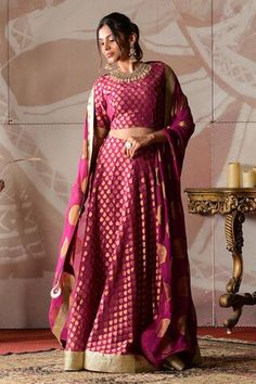 Wine banarasi georgette lehenga with leaf motifs and gota embroidery. Comes with a blouse and a dupatta. - Aza Fashions Designer Brocade Lehenga With Gota Work, Brocade Lehenga With Gota Work For Designer Wear, Semi-stitched Brocade Lehenga With Gota Work, Elegant Fitted Sharara With Meenakari, Elegant Fitted Anarkali Set With Meenakari, Elegant Banarasi Silk Lehenga With Gota Work, Elegant Fitted Lehenga With Meenakari Detailing, Wedding Traditional Wear In Georgette With Meenakari, Wedding Traditional Wear With Meenakari On Georgette