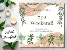 a spa weekend flyer with candles and greenery on the side, next to it