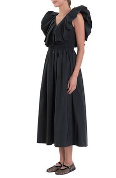 Eye-catching, voluminous ruffles give drama and height to the bodice of a striking dress with a twirly midi-length skirt. Hidden side-zip closure V-neck Extended shoulders Lined 65% cotton, 35% polyester Hand wash, dry flat Imported Knitwear Trends, Strapless Bodycon Dress, English Factory, Casual Party Dresses, Ruffle Midi Dress, The Invisible, Fashion Night, Pink Midi Dress, Mix Media