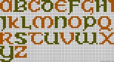 a cross stitched alphabet with numbers and letters in orange, green, and brown