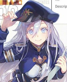 an anime character with long white hair and blue eyes wearing a uniform, holding her hand up to her head