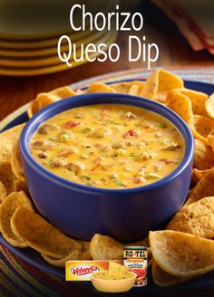 a blue bowl filled with cheese dip surrounded by tortilla chips on a plate