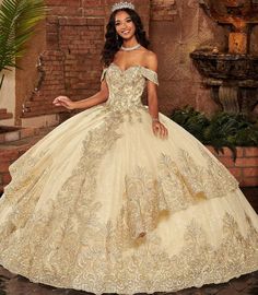 Sweetheart Tulle Appliques Tiered Puffy Champagne Quinceanera Dresses Ball Gown.  "This pin contains affiliate links, which means I may earn a commission at no cost to you extra for you". 
 #affiliate #advertising" Embroidered Quinceanera Dress, Wedding Catalog, Vestido Charro, Charro Quinceanera Dresses, Quincenera Dresses, Gold Quince, Quinceanera Dresses Gold, Quinceñera Dresses, Mary's Bridal