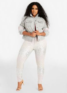 Sequin Mesh Front Skinny Jean Jeans Denim Jacket, Plus Size Sequin, Plus Size Trendy, Ashley Stewart, Line Store, Two Piece Set, Outfit Set, Two Piece Outfit, Jeans Denim