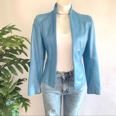 Gorgeous Spanish Leather Jacket By Joaquim Ruiz From Barcelona. One Of A Kind Custom Jacket. No Size, Best For Xs/S, Please Check Measurements Below. True Designer Leather Jacket Gorgeous & Unique Sky Blue Color Impeccable Tailoring Softest Lamb Leather Sleek & Lean Cut Concave Seaming Pronounces Hourglass Shape Front Zipper Closure Extends All The Way Around Your Neck Light Shoulder Padding Fully Silver Satin Lined, Made In Spain Pit-Pit 17”, Length 21”, Sleeves 23.5” In Excellent Preowned Cond Disco Desert, Fitted Leather Jacket, Designer Leather Jackets, Sky Blue Color, Statement Jacket, Hourglass Shape, Jane Birkin, Custom Jacket, Blue And Silver