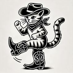 a black and white drawing of a cat wearing a cowboy hat, holding a lasso