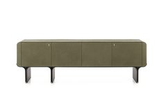 an olive green cabinet with black legs and two doors on each side, in front of a white background