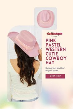 Elevate any outfit with our super adorable felt cowboy hat! Perfect for spring/summer, the beautiful pastel colors and pink tribal print detailing add a stylish flair. Adjustable straps ensure a snug fit.

Type: Cowboy hat, Pattern type: Solid, Material: 100% polyester, Imported. Product measurements: Brim - 3.5 in, Interior width - 6.8 in, Height - 4 in. Enjoy a 20% OFF THANKSGIVING SALE with code 'THANKS20'. Sport your style and Fame! Cowboy Hat Pattern, Felt Cowboy Hat, Headwear Fashion, Felt Cowboy Hats, Thanksgiving Sale, Trendy Hat, Simple Outfit, Pink Pastel, Cowboy Hat