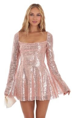 Sequin Flare Dress in Rose Gold Short Sparkly Dresses, Pink Sparkly Dress, Wide Leg Pants Jeans, Upf Clothing, Ideal Closet, Knee Highs, Tour Outfits, Corset Style Tops, Casual Day Dresses