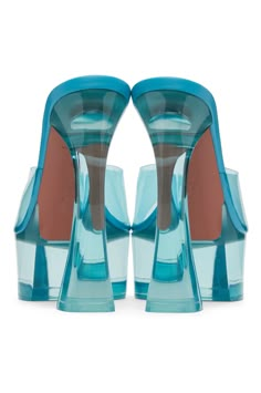 Amina Muaddi: Blue Dalida Glass Plateau Heeled Sandals | SSENSE Luxury High Heels With Translucent Outsole, Luxury Blue Mules, Modern Blue Sandals With Block Heel, Evening Blue Mules With Padded Heel, Luxury Blue Sandals With Padded Heel, Blue Evening Mules With Padded Heel, Modern Blue Block Heel Sandals, Blue Sandals With Sculpted Heel And Square Toe, Blue Mules With Sculpted Heel For Party