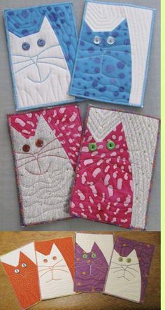 four cat coasters with different designs on them and one is made out of fabric