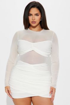 Available In Ivory. Mesh Micro Mini Dress High Neck Long Sleeve Mesh Cut Outs Ruched Lined Stretch Length = 30" Self: 95% Polyester 5% Spandex Contrast: 96% Polyester 4% Spandex Imported | Mai Mesh Micro Mini Dress in Ivory size XL by Fashion Nova White Sheer Long Sleeve Mini Dress, White Sheer Stretch Bodycon Dress, White Sheer Mini Bodycon Dress, White Sheer Bodycon Dress, Chic White Sheer Bodycon Dress, White Stretch Ruched Bodycon Dress, White Ruched Stretch Bodycon Dress, Service Women, High Neck Long Sleeve