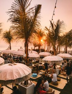 people are sitting under umbrellas on the beach at sunset or sunrise, with palm trees in the background