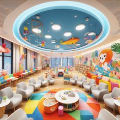 the children's playroom is decorated in bright colors and features colorful carpeting