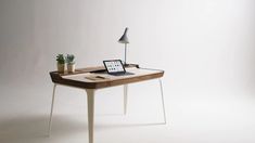 a laptop computer sitting on top of a wooden desk next to a lamp and potted plant