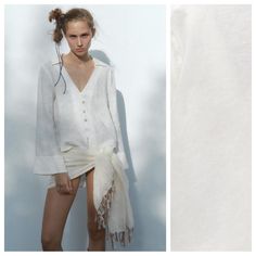 Nwt. Zara Off White 100% Linen Blouse/Shirt With V-Neckline, Collar, Long Sleeves, Front Buttons Closure. Scarf Not Included In The Purchase. Size Xs. Ref. 2777/500. Pit To Pit 18" Flat, Shoulders 15,5", Sleeves 23,5", Length 22". 1002 Zara White, Linen Blouse, Blouse Shirt, Zara Tops, Shirt Blouses, Top Blouse, The 100, Zara, Long Sleeves